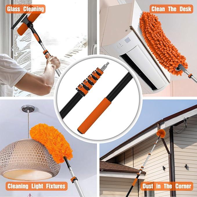 30FT High Ceiling Duster Kits with 5-24FT Telescoping Extension Pole - Fan Blade Cleaner, Cobweb Remover & Window Cleaning Kit, Washable Dust Brush for High Roof and Glass Surfaces - NeatNest