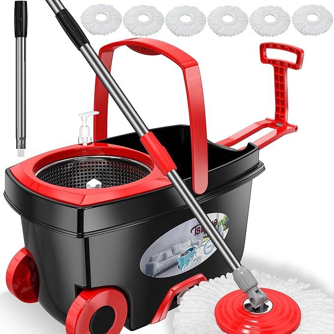 FunClean 360° Spin Mop and Bucket Set with Wringer, 6 Extra Microfiber Heads, 61" Extended Handle for Effortless Floor Cleaning, 2X Wheel Design - Black - NeatNest