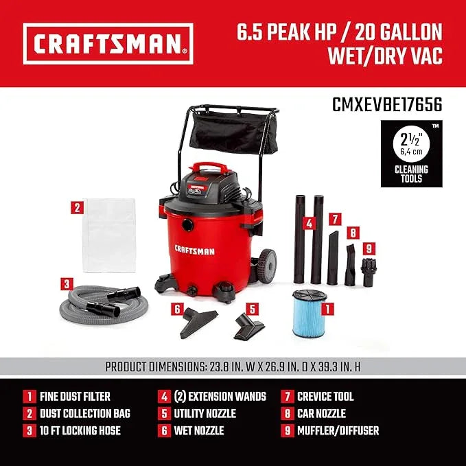 CRAFTSMAN CMXEVBE17656 20 Gallon 6.5 Peak HP Wet Dry Vac with Cart, Heavy-Duty Shop Vacuum Wet and Dry with Fine Dust Filter, Dust Bag, Hose and Attachments for Shop, Garage, Jobsite Cleaning - NeatNest