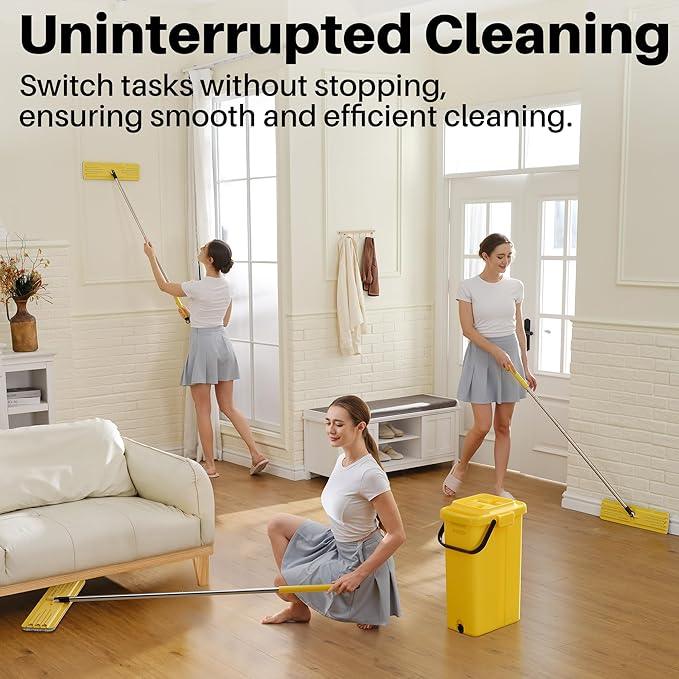 JOYMOOP Industrial Mop and Bucket Set, 17.7-inch Dust Mops for Floor Cleaning, Flat Mop Bucket with Wringer, Include 3 Reusable Microfiber Mop Pads - Yellow - NeatNest