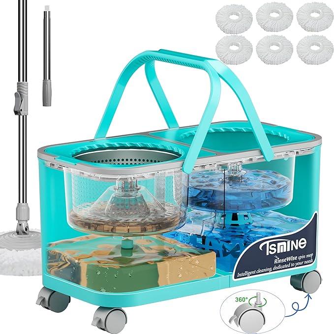 Gen 2 Smart Mop Bucket – 2025 with Wringer on Wheels,Clean & Dirty Water Separation,Spin Mop and Bucket with 6 Reusable Mop Heads, 360° Swivel Wheels for Home Cleaning-Blue - NeatNest