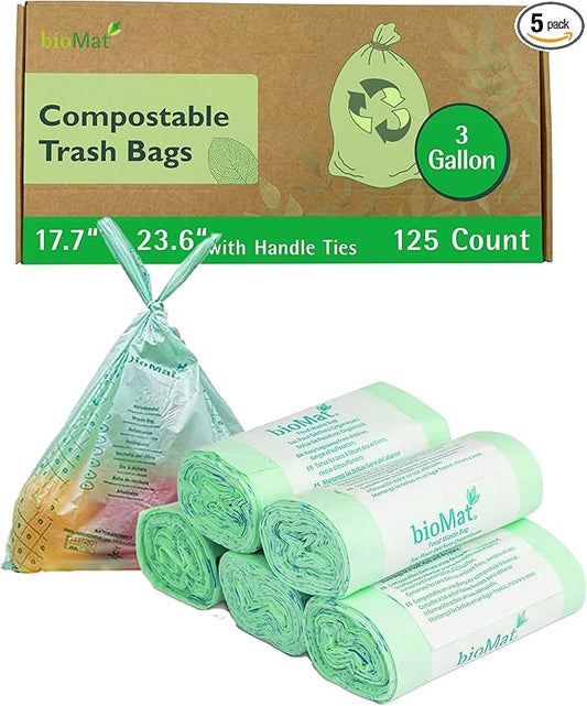 bioMat 3 Gallon Compostable Food Scrap Bags with Handle Ties, 125 Count, Compost Bags for Kitchen Compost Bins, BPI ASTM D6400 and CMA Certified Biodegradable Trash Bags