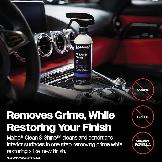 Malco Clean & Shine Interior Car Cleaner and Dressing – Restore Leather, Plastic and Vinyl Surfaces in Your Vehicle/Clean, Condition and Protect in 1 Simple Step / 1 Gallon (125901) - NeatNest