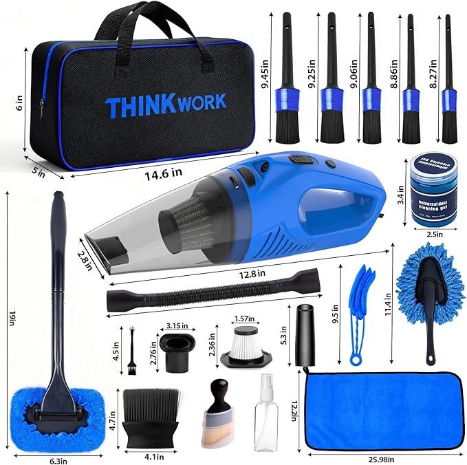 THINKWORK Car Cleaning Kit Car Detailing Kit,Car Cleaning Kit Interior Cleaner with High Power Blue Handheld Vacuum Cleaner,Brush Sets,Windshield Cleaner and Storage Bag,Car Accessories,Car Gift Set - NeatNest