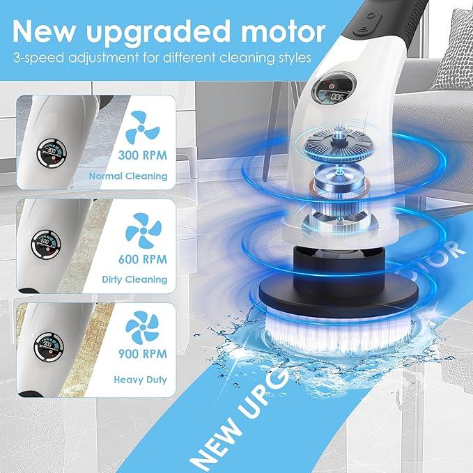 Electric Spin Scrubber, Cordless Cleaning Brush with 180 Min Runtime, 3-Speed, 7 Replaceable Brush Heads & Long Detachable Handle, LCD Display (RPM/Torque/Battery), for Bathroom, Kitchen, Tile - NeatNest