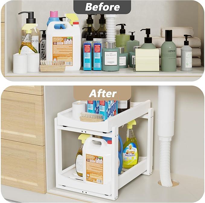 Bamboo Under Sink Organizer Adjustable Height 2 Tier Bathroom Organizer Pull Out Cabinet Storage Kitchen Heave Duty Wood Slide Ou Shelf for Kitchen Bathroom (White, 1 Pack) - NeatNest