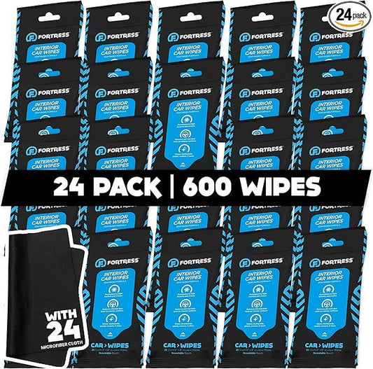 Fortress Car Interior Wipes with Microfiber Cloth (25 ct, Pack of 24) for Car Interior Cleaning, Dashboard, Seats, Detailing, and Steering Wheel [Travel Size] Skin-Safe Car Interior Cleaner Supplies - NeatNest