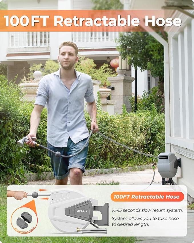 Ayleid Retractable Garden Hose Reel,5/8 in x 100 FT Wall Mounted Hose Reel, with 9- Function Sprayer Nozzle, Any Length Lock/Slow Return System/Wall Mounted/180°Swivel Bracket (Grey) - NeatNest