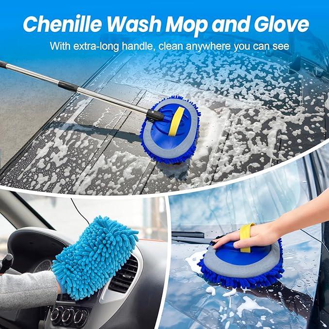 ARTIPOLY 65'' Five-Sided Car Wash Brush with Long Handle, Scratch-Free Car Cleaning Kit with Soft Wash Brush, Tire Brush, Window Squeegee, Car Wash Mitt, Microfiber Cleaning Head & Extension Pole - NeatNest