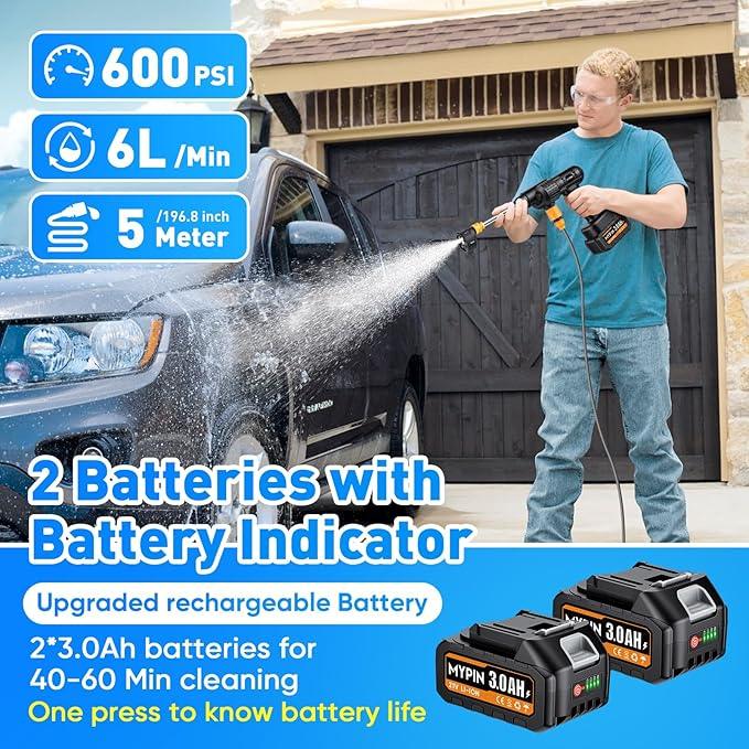 Portable Cordless Pressure Washer, 600 PSI 21V Two Rechargeable Batteries Powered Pressure Washer with Battery Level Display, 6-in-1 Nozzle with Jet Nozzles for Car Floor Wall Fence Cleaning - NeatNest