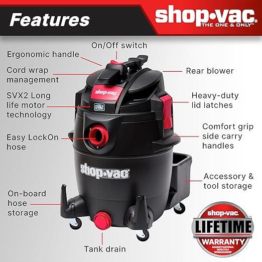 Shop-Vac 5801411 14-Gallon Wet/Dry Shop Vacuum, 5.5 Peak HP, 2.5 Inch Diameter x 7 Foot Hose, 20 Foot Cord, Ideal for Home, Garage, and Workshop Cleaning - NeatNest