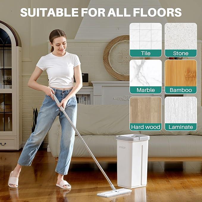 JOYMOOP Microfiber Flat Mop and Bucket System, Mops for Floor Cleaning and Wall Cleaner, Hardwood, Tile, Laminate, Vinyl Floors, Smooth Walls, and Glass Windows - 50" Flat Mop+1 Microfiber Pad[White] - NeatNest