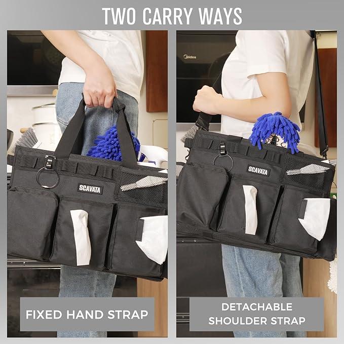 Wearable Cleaning Caddy Bag, Supplies Organizer with Handle & Shoulder Straps for Housekeepers, Under Sink & Car Cleaning Tool Organizer with 4 Foldable Dividers (Black) - NeatNest