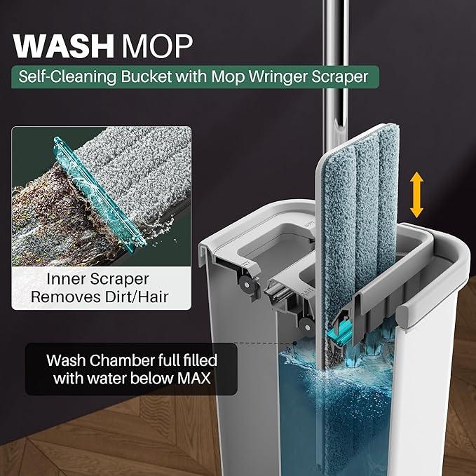 JOYMOOP Mop and Bucket with Wringer Set, Hands Free Flat Floor Mop and Bucket, 60" Mop with 6 Reusable Microfiber Pads, Wet and Dry Use, Floor Cleaning System - NeatNest