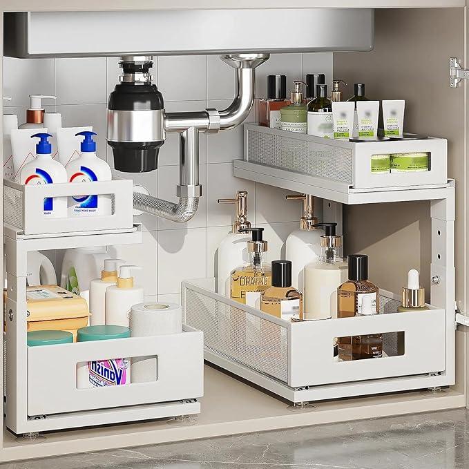 2 Pack Under Sink Organizer With Next-Gen Ball-Bearing Slides,2-Tier Pull Out Cabinet Storage,Height Adjustable Drawer Shelf for Bathroom,Kitchen,Laundry,Cabinet,Pantry(Patent Pending) - NeatNest