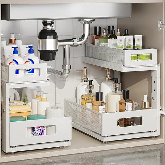 2 Pack Under Sink Organizer With Next-Gen Ball-Bearing Slides,2-Tier Pull Out Cabinet Storage,Height Adjustable Drawer Shelf for Bathroom,Kitchen,Laundry,Cabinet,Pantry(Patent Pending) - NeatNest