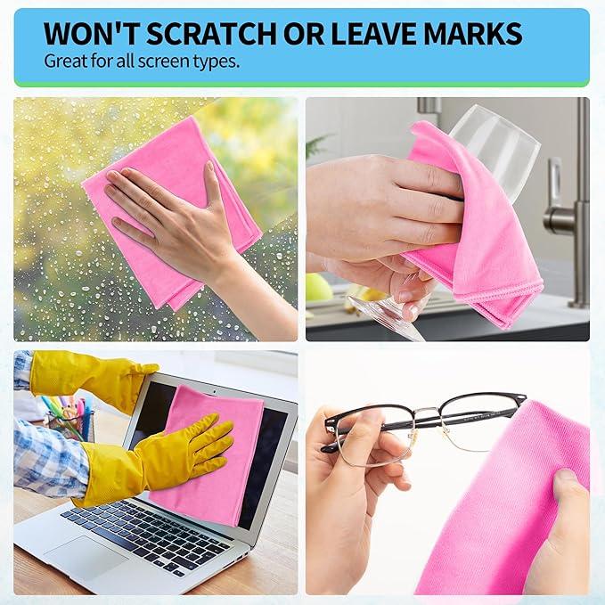 HOMERHYME Microfiber Cleaning Cloth - 10 Pack Glasses Cleaning Cloth, 16" x 14" Window Cleaning Rags, Streak Free Lint Free Polishing Cloths Wipes for Eye Glass, Stainless Steel, Windshield, Pink - NeatNest