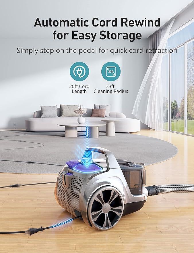 Aspiron Canister Vacuum, Upgraded 1600W Bagless Canister Vacuum Cleaner, Auto Cord Rewind, H13 HEPA Filter, 3.7Qt Large Capacity, 5 Tools for Hard Floors, Carpet, Pet, Upholstery, Tiles, Lilac - NeatNest