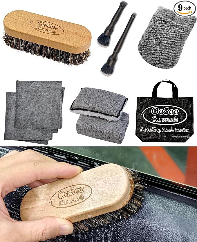 PRO Car Interior Cleaning Kit (9-Piece) - Deep Clean Tools for Leather, Dashboard & Upholstery | Boar Bristle Brush, Dual-Sided Scrub Sponge, Microfiber Towels, Polish Scrub Mitt, Detailing Brushes - NeatNest