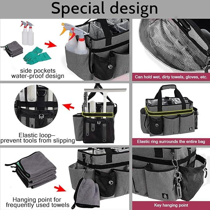 Large Cleaning Caddy Bag Built-in Sturdy Support Board, Cleaning Organizer with Detachable Divider, Cleaning Supply Tote with Adjustable Shoulder Strap&Waist Belt for Cleaners & Housekeeper - NeatNest