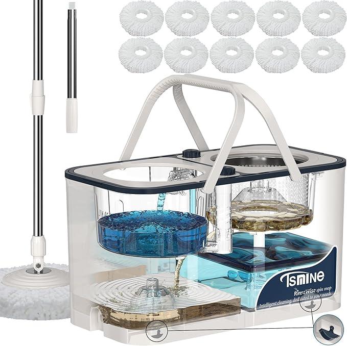 Gen 1 Large-Capacity Spin Mop and Bucket – for Big Homes & Deep Cleaning Days,4-Chamber System Separates Dirty & Clean Water, 2-GAL Heavy-Duty Design with Wheels & 10 Refill Mop Heads - White/Blue - NeatNest