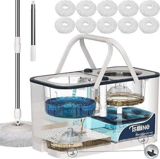 Gen 1 Large-Capacity Spin Mop and Bucket – for Big Homes & Deep Cleaning Days,4-Chamber System Separates Dirty & Clean Water, 2-GAL Heavy-Duty Design with Wheels & 10 Refill Mop Heads - White/Blue - NeatNest