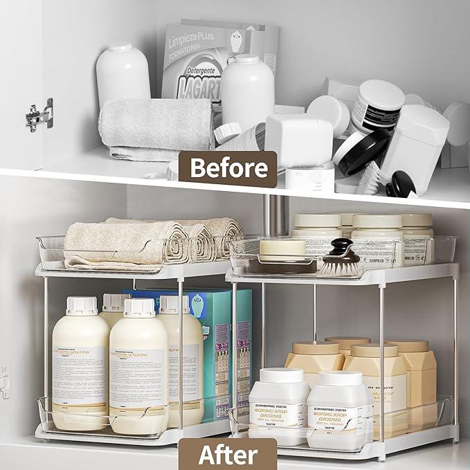 Delamu 2-Tier Multi-Purpose Bathroom Under Sink Organizers and Storage, Stackable Kitchen Pantry Organization, Pull Out Medicine Cabinet Organizer with Movable Dividers, White, 1 Pack - NeatNest