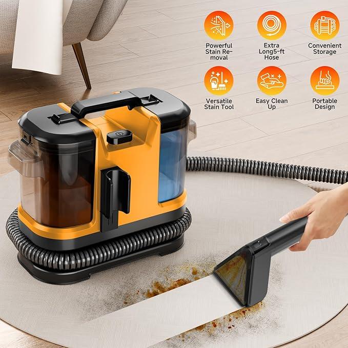Portable Spot Cleaner Machine for Carpet and Upholstery - 18Kpa Carpet Cleaner with Dual BrushHeads, Easy Move, Cleaning Machine for Furniture, Couch, Stairs, Car and Pet Stain,Yellow - NeatNest