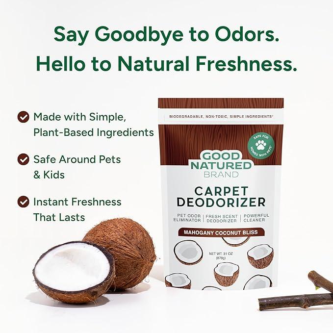 Good Natured Brand | Carpet Deodorizer & Freshener Powder | 31 oz Pet Odor Eliminator for Strong Odor & Pet Urine | Fresh Natural Mahogany Coconut Bliss Scent | Safe for Homes with Pets - NeatNest