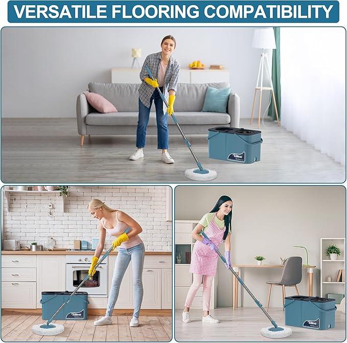 Gen 1 Large-Capacity Spin Mop and Bucket – for Big Homes & Deep Cleaning Days,4-Chamber System Separates Dirty & Clean Water, 2-GAL Heavy-Duty Design with Wheels & 6 Refill Mop Heads - Blue/Grey - NeatNest