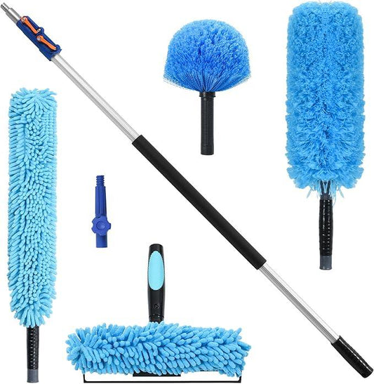 High Reach Cleaning Kit with 12FT Telescoping Pole - Ceiling Fan & Microfiber Feather Dusters, Cobweb Brush, Window Squeegee & Washer - NeatNest