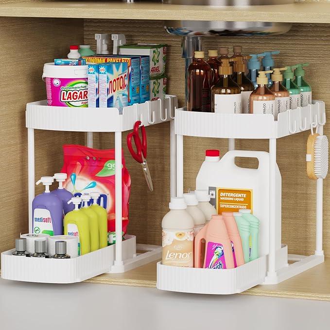 2 Pack Multi-Purpose Pull-Out Storage Organizers, Under Sink Organizers and Storage for Bathroom & Kitchen, Under Cabinet Organizers and storage, 14.8 Inch, White - NeatNest