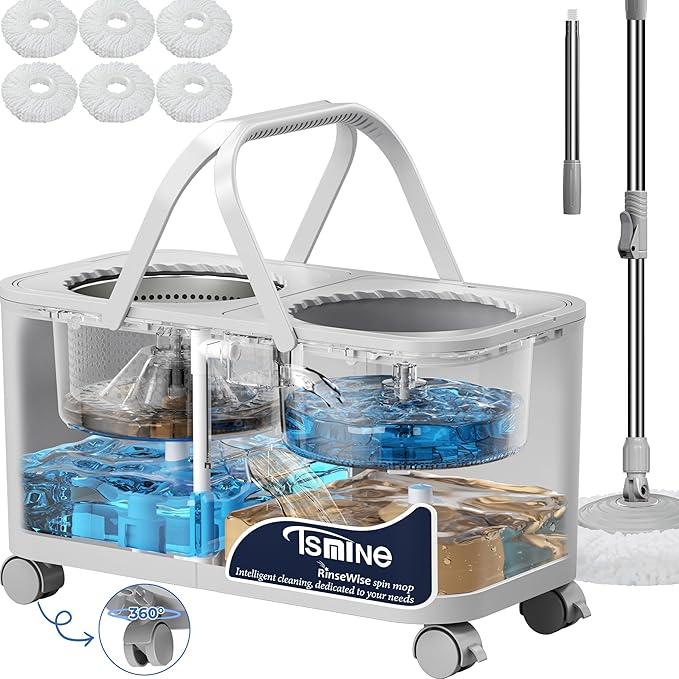 Gen 1 Compact Mop and Bucket Set with 360°Swivel Wheels, Spin Mop for Floor Cleaning, Clean & Dirty Water Chambers,Space-Saving Design, Wet Dry Mop with 61" Long Handle & 6 Microfiber Mop Heads-Grey - NeatNest