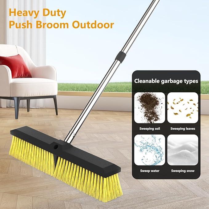 18 Inches Push Broom Outdoor with 65" Adjustable Handle, Heavy Duty Outdoor Broom with Stiff Bristles, for Cleaning Yard, Garage, Shop, Driveway, Wood, Stone, Deck, Concrete, and Tile Floor. - NeatNest
