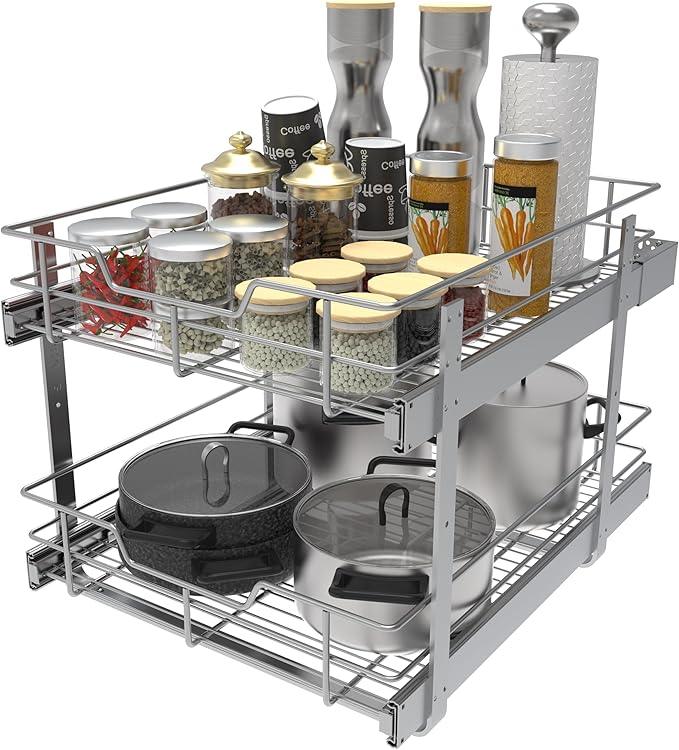 2 Tier Pull Out Cabinet Organizer 18" W X 22" D, Slide Out Drawers For Kitchen Cabinets, Pull Out Drawers For Cabinets Capacity Heavy Duty Caddy, Cabinet Pullout Shelves Chrome-Plated,Bathroom Pantry - NeatNest