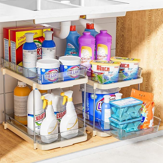Delamu 2-Tier Multi-Purpose Bathroom Under Sink Organizers and Storage, Stackable Kitchen Pantry Organization, Pull Out Medicine Cabinet Organizer with Movable Dividers, Beige, 4 Pack - NeatNest
