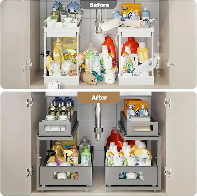 2 Pack 21.3IN-Depth Under Sink Organizer with Next-Gen Ball-Bearing Slides,2-Tier Pull Out Cabinet Storage,Height Adjustable Drawer Shelf for Bathroom,Kitchen,Laundry,Cabinet,Pantry-Gun Gray - NeatNest