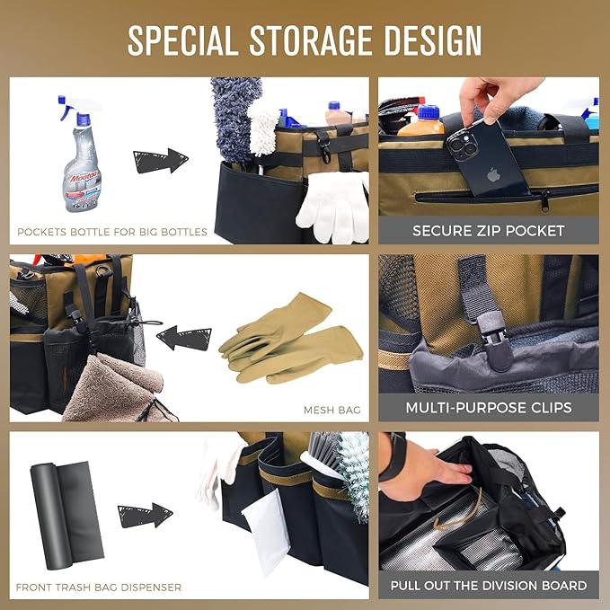 Wearable Cleaning Caddy Organizer with Handle & Shoulder Straps for Housekeepers, Under Sink & Car Cleaning Tool Organizer Bag with 4 Foldable Dividers (Tan) - NeatNest