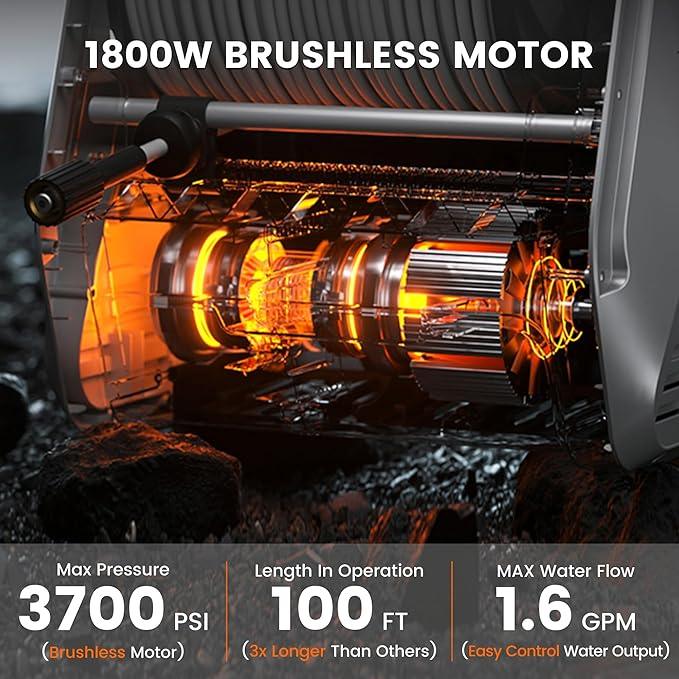 Giraffe Tools Grandfalls Retractable Pressure Washer Pro, Wall Mounted Pressure Washer with 1800W Brushless Motor, 3700PSI Electric Power Washer with 100ft Pressure Hoses, Dark Silver - NeatNest