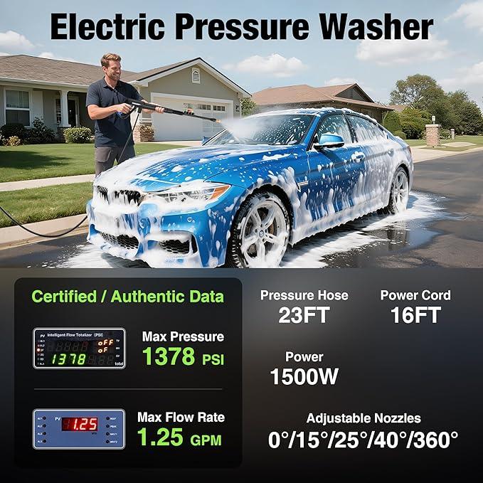 Pressure Washer, 2025 Upgraded 1500W Power Washer with No-Bend 360° Nozzle, Foam Cannon & 4-Nozzle Set, Portable Pressure Washer Cleaning Machine for Cars & Undercarriage Cleaning Driveways - NeatNest