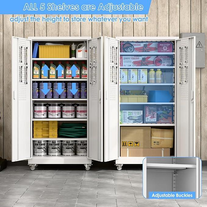 SUXXAN Metal Garage Storage Cabinet with Wheels and Pegboard 71'' x 34'' x 18'', Lockable Rolling Steel Cabinet with 5 Adjustable Shelves and Door for Garage, Office, Kitchen, Assembly Required - NeatNest