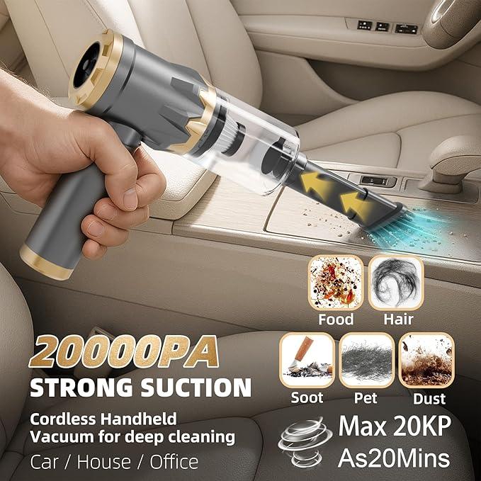 Car Vacuum Portable Cordless, 20000PA High Power Vacuum Cleaner, Brushless Motor, 3-Speed Modes, 4 in 1 Compressed Air Duster, Air Blower, Pump Handheld Vacuum for Car, Home, Office, Camping - Grey - NeatNest