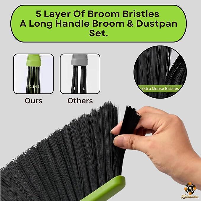 Standing Broom and Dustpan Set, Built-in Scraper Teeth, No-Slip Grip, Dust Collection Tray for Home, Office, Lobby, and Outdoor, Adjustable Handle from 38.18" to 52" (Black & Green) - NeatNest