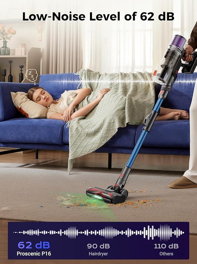 Proscenic Cordless Vacuum Cleaner, 45Kpa 55Mins Runtime, 180°Bendable Wand, Vacuum Cleaners for Home with Green Light, Anti-Tangle Brush, Rechargeable Lightweight Stick Vacuum for Pet Hair, P16(Blue) - NeatNest