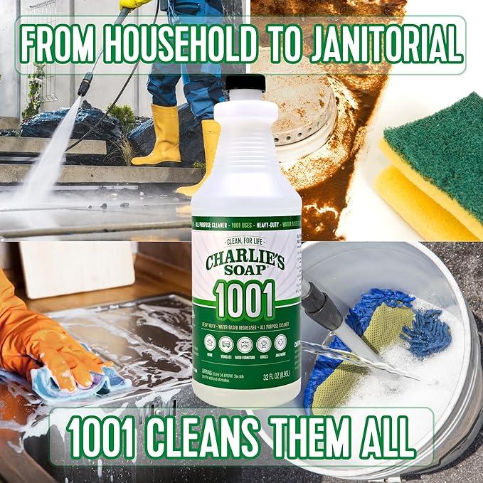 Charlie's Soap 1001 Cleaner - Heavy Duty Biodegradable Concentrated All Purpose Water Based Degreaser (32oz, 1 Pack) - Safe Residential, Commercial, & Janitorial Cleaner - NeatNest