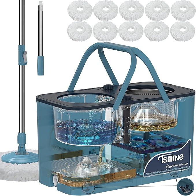 Gen 1 Large-Capacity Spin Mop and Bucket – for Big Homes & Deep Cleaning Days,4-Chamber System Separates Dirty & Clean Water, 2-GAL Heavy-Duty Design with Wheels & 10 Refill Mop Heads - Blue/Grey - NeatNest