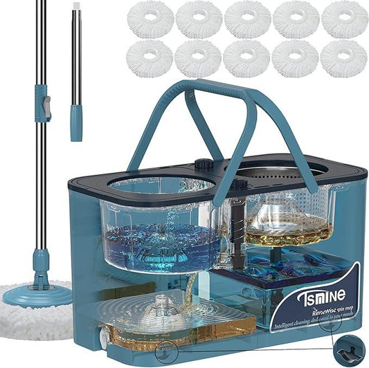Gen 1 Large-Capacity Spin Mop and Bucket – for Big Homes & Deep Cleaning Days,4-Chamber System Separates Dirty & Clean Water, 2-GAL Heavy-Duty Design with Wheels & 10 Refill Mop Heads - Blue/Grey - NeatNest