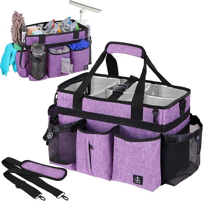Large Cleaning Caddy Bag Built-in Sturdy Support Board, Cleaning Organizer with Detachable Divider, Cleaning Supply Tote with Adjustable Shoulder Strap&Waist Belt for Cleaners & Housekeeper - NeatNest