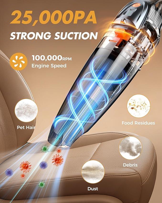 Handheld Vacuum Cordless 25000PA Powerful Suction, Portable Car Vacuum, 3 in 1 Hand Held Vacuum Rechargeable 8000mAh with LED Light, HEPA Filter, Home, Car Seats, Office, Pet Hair, Dust Buster - NeatNest