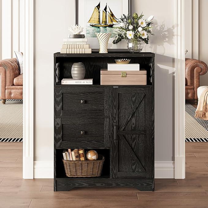 Fameill Farmhouse Storage Cabinet with 2 Drawers & Shelves,Freestanding Kitchen Cabinet with Doors,Floor Storage Organization for Living Room,Bathroom,Laundry,Black - NeatNest